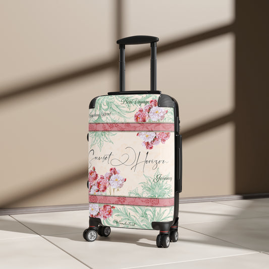Vintage Floral Suitcase with Sunset Horizon Design - Stylish Travel Luggage for Adventurers