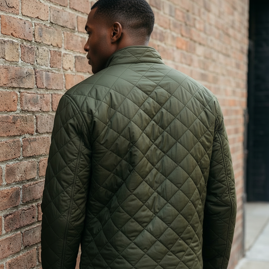 Man wearing a green quilted jacket standing against a brick wall.
