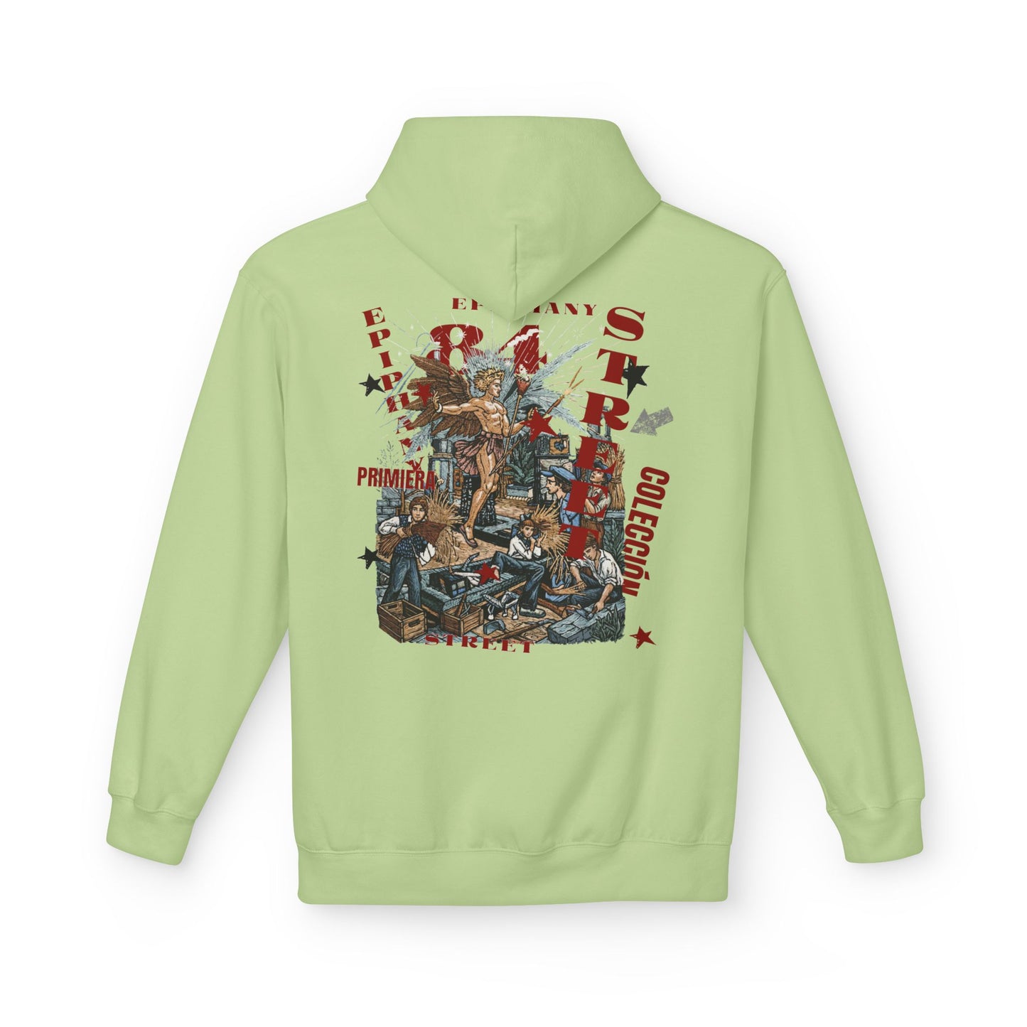 Light green hoodie with a graphic design on the back against a white background