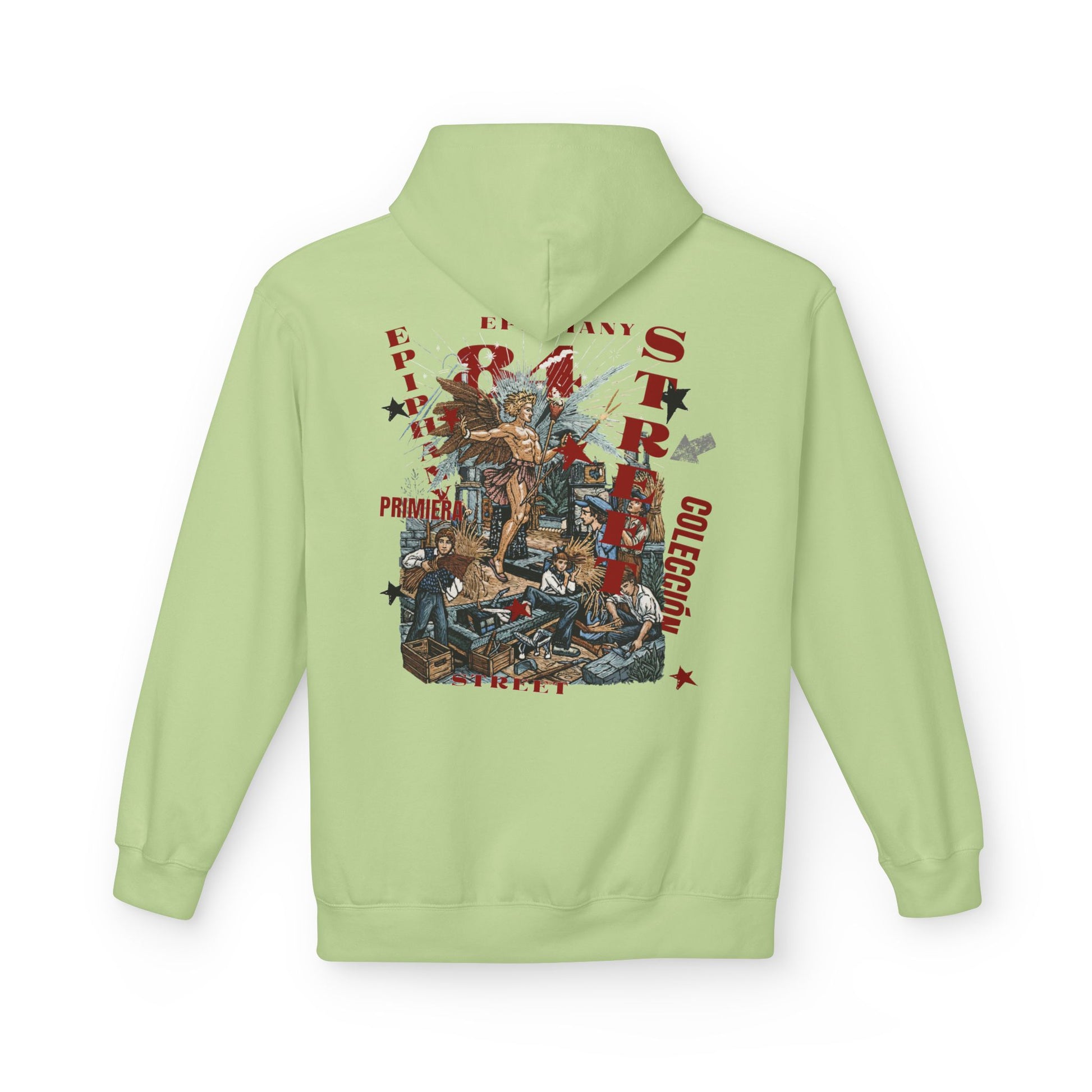 Light green hoodie with a graphic design on the back against a white background