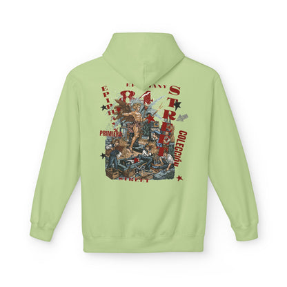 Light green hoodie with a graphic design on the back against a white background