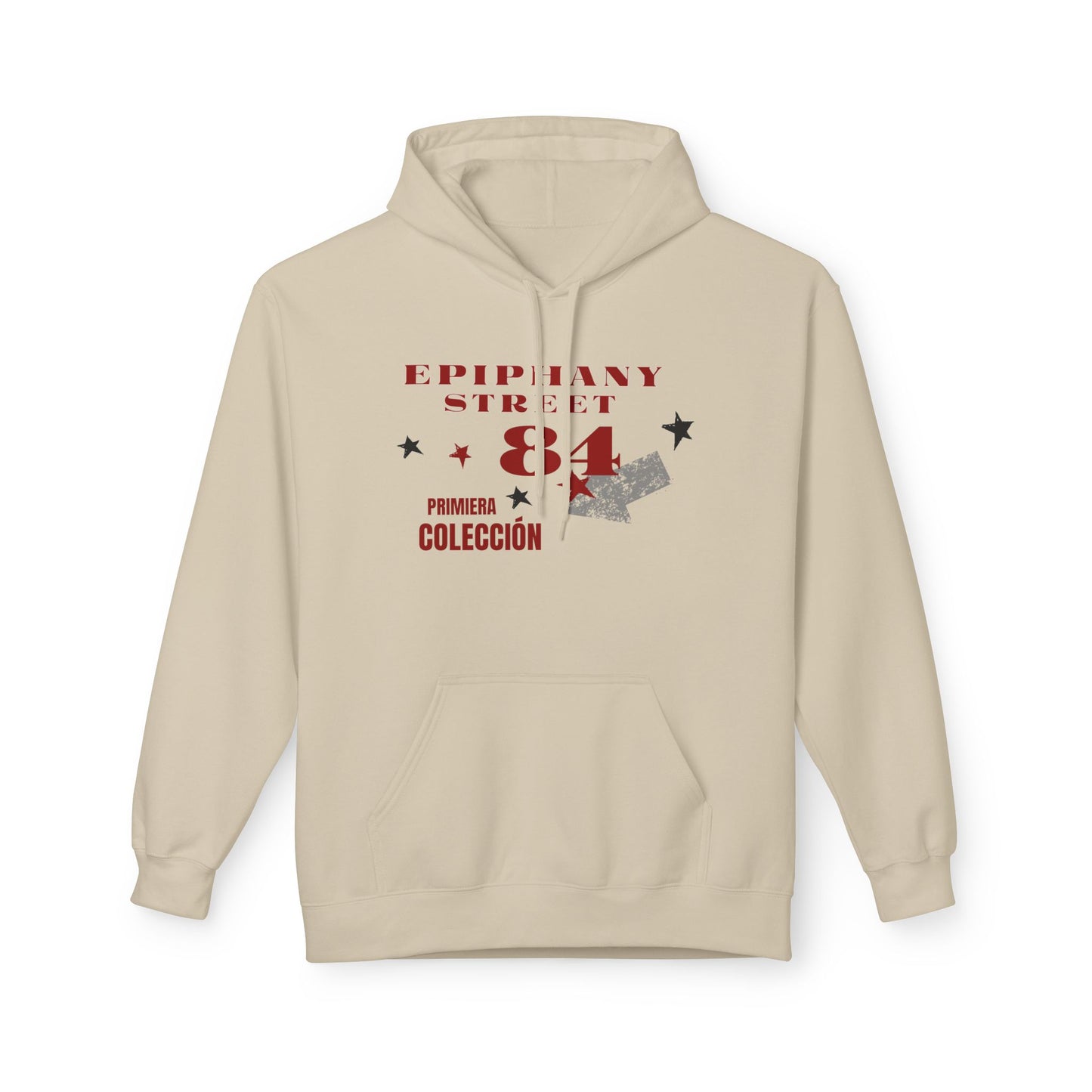 Beige hoodie with text and graphics on a white background
