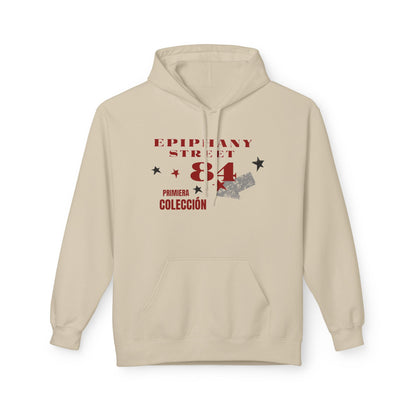 Beige hoodie with text and graphics on a white background