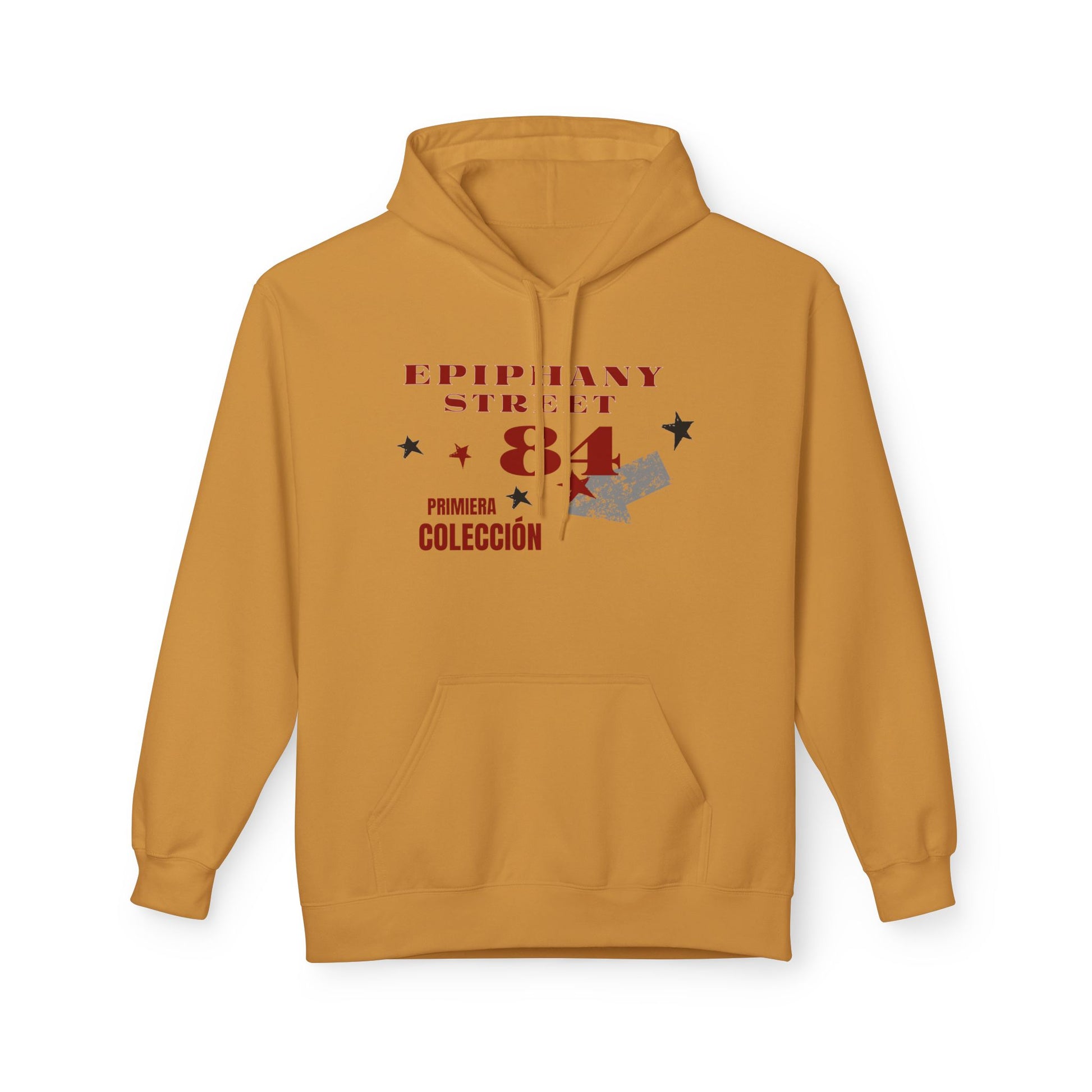 Mustard yellow hoodie with text and star designs on a white background
