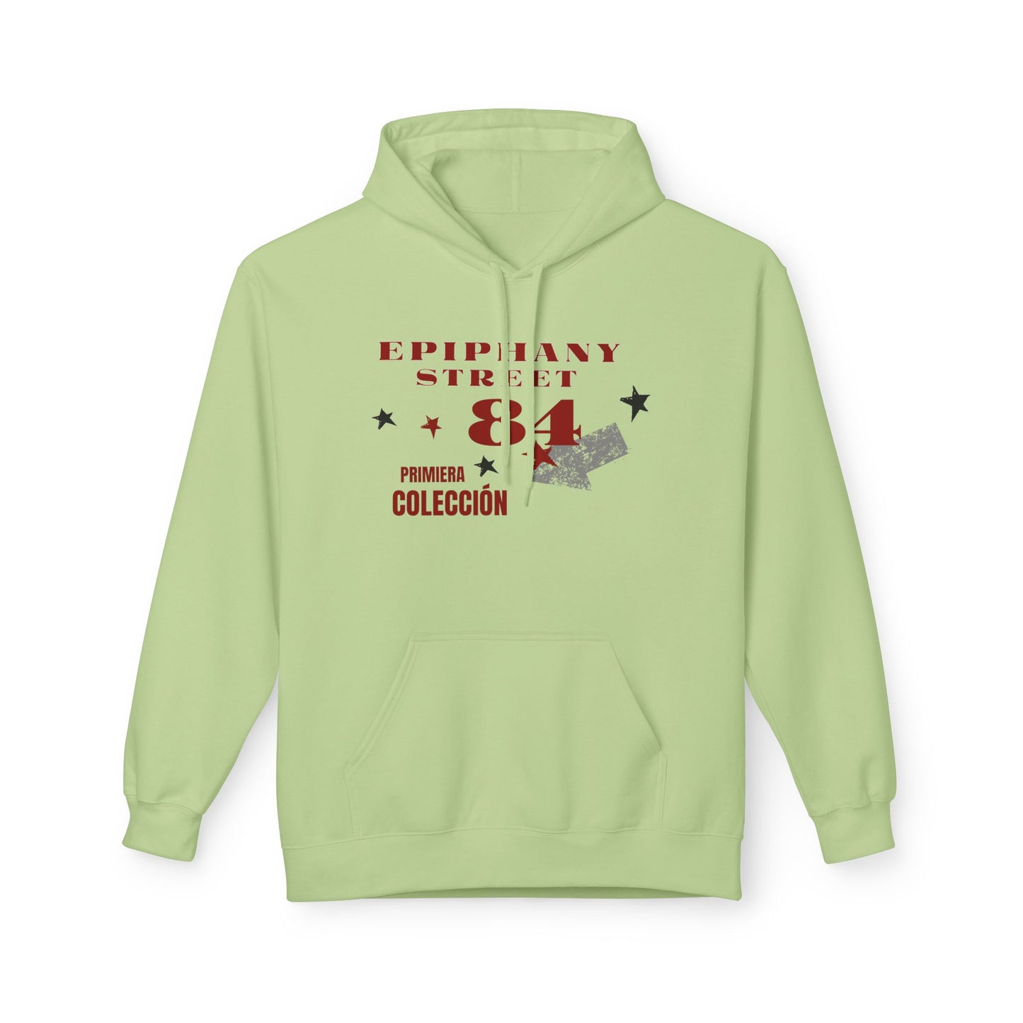 Light green hoodie with red and black text on a white background