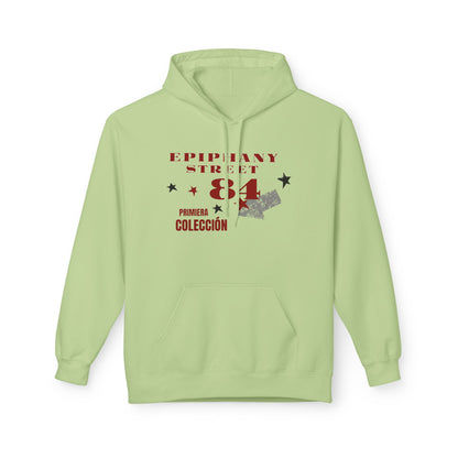 Light green hoodie with red and black text on a white background