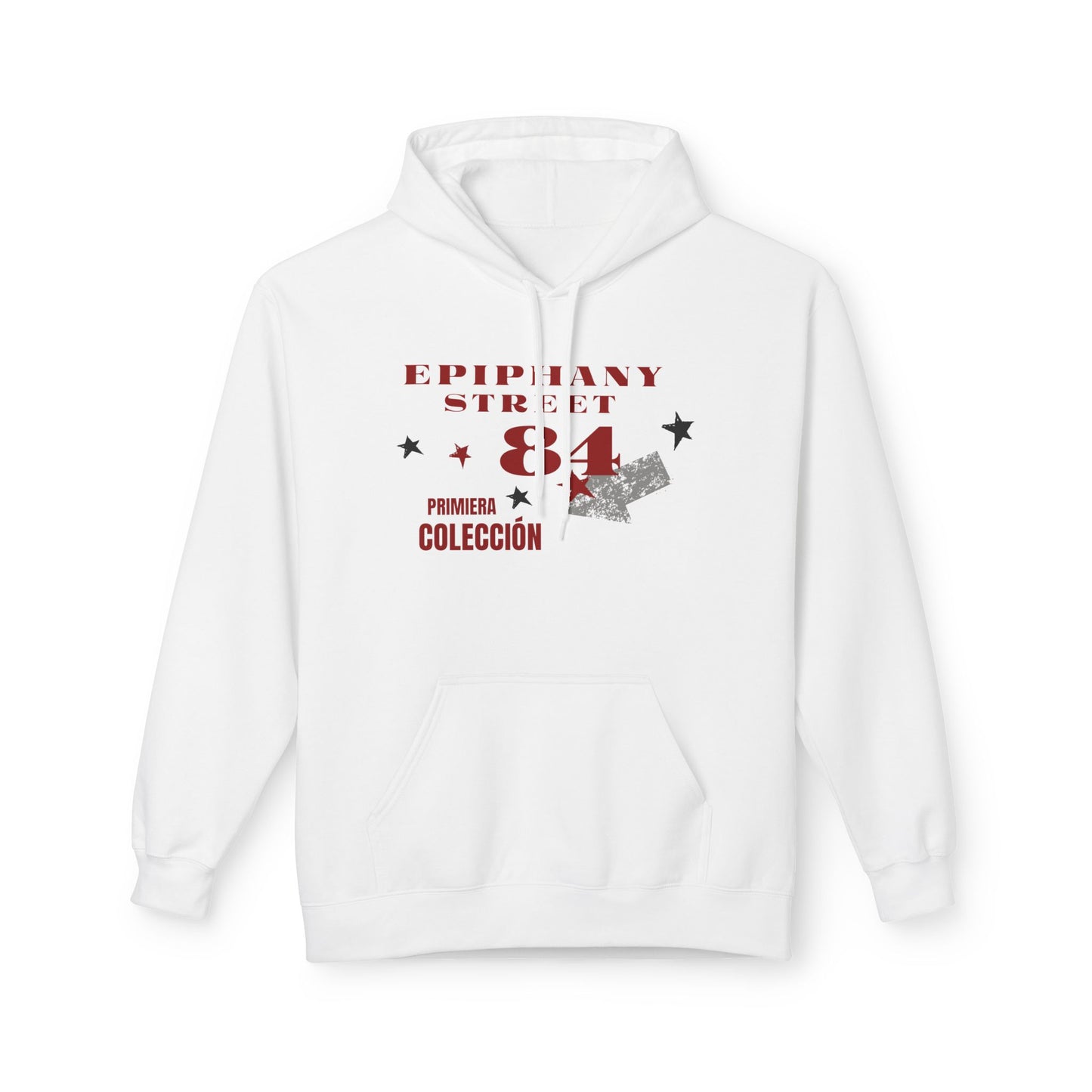 White hoodie with red and black text and graphics on a white background