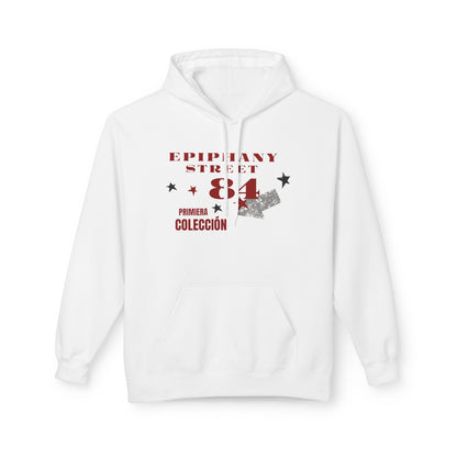 White hoodie with red and black text and graphics on a white background
