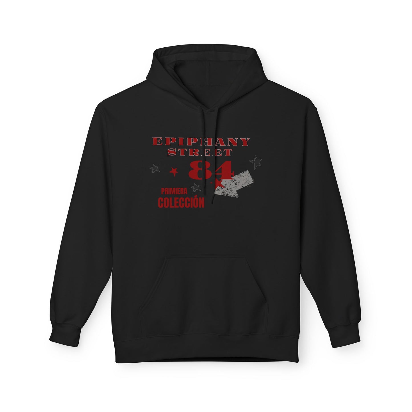 Black hoodie with red and white text and graphics on a white background