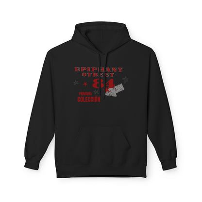 Black hoodie with red and white text and graphics on a white background