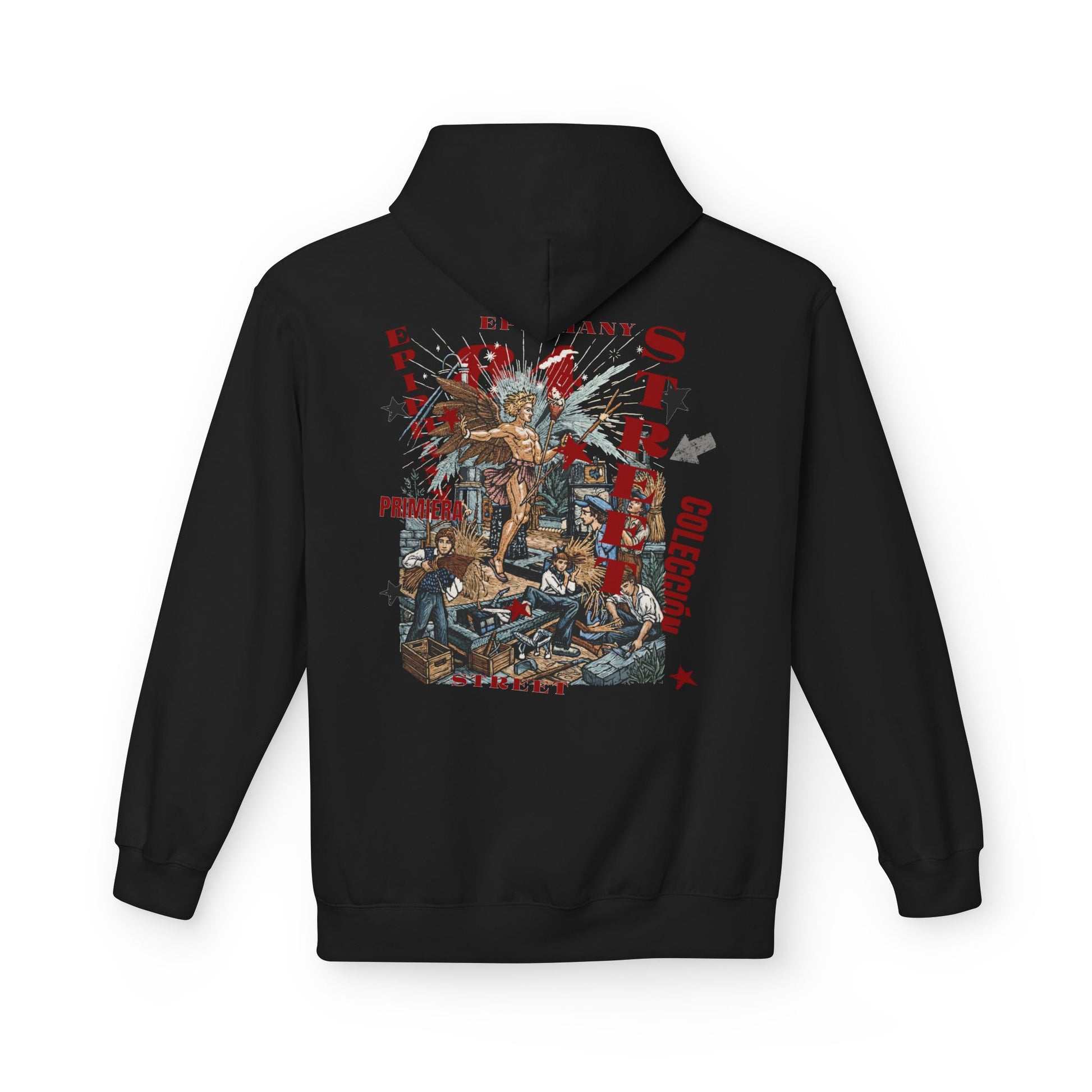 Black hoodie with a colorful graphic design on the back against a white background
