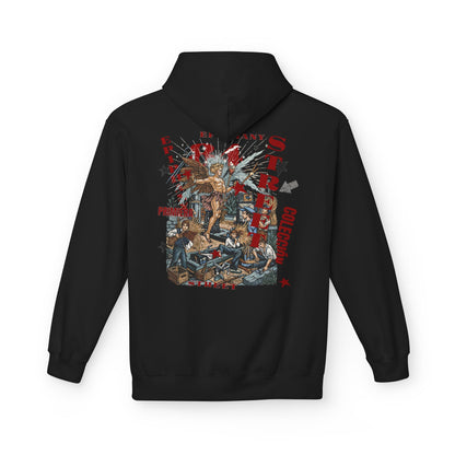 Black hoodie with a colorful graphic design on the back against a white background
