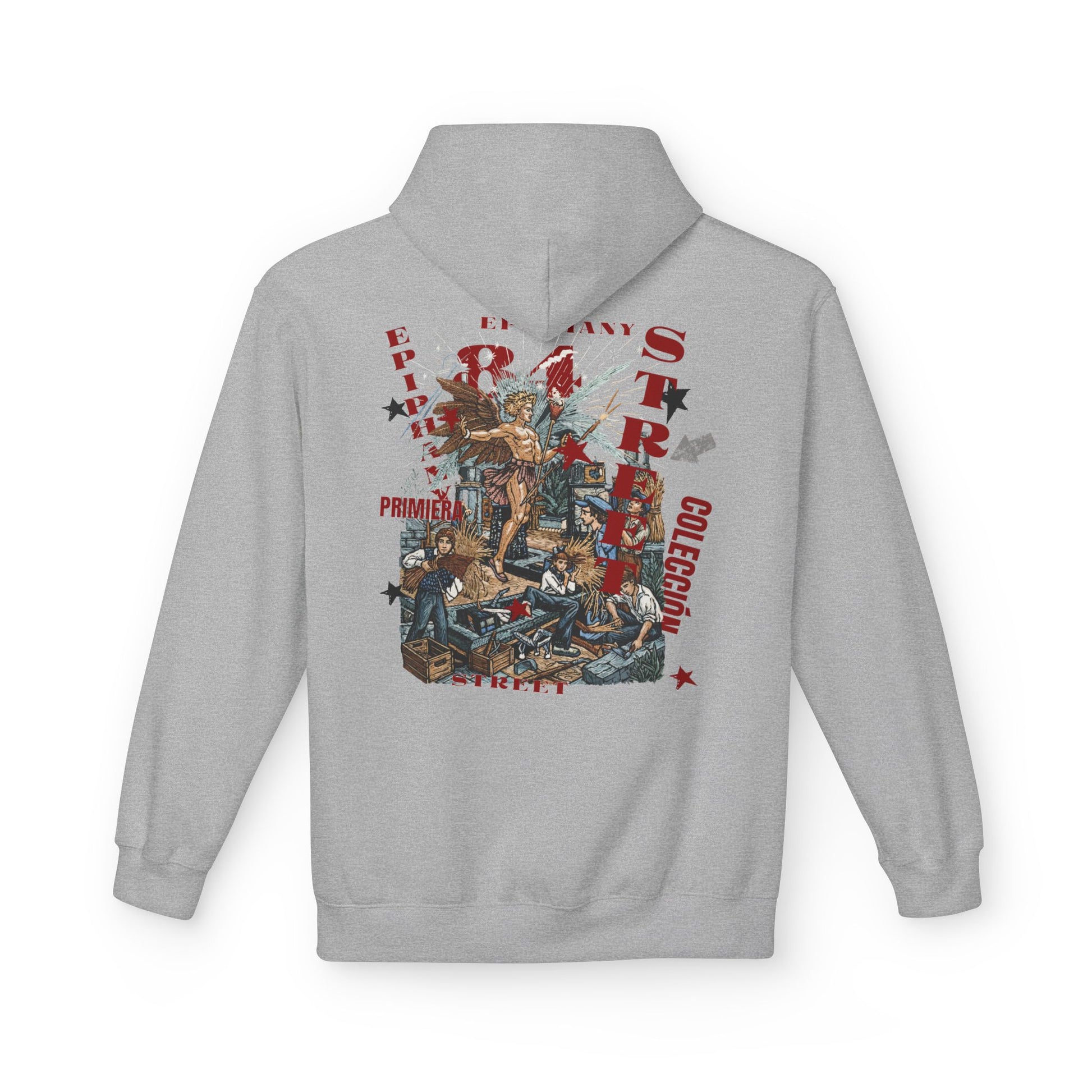 Gray hoodie with a colorful graphic design on the back against a white background