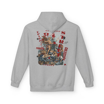 Gray hoodie with a colorful graphic design on the back against a white background