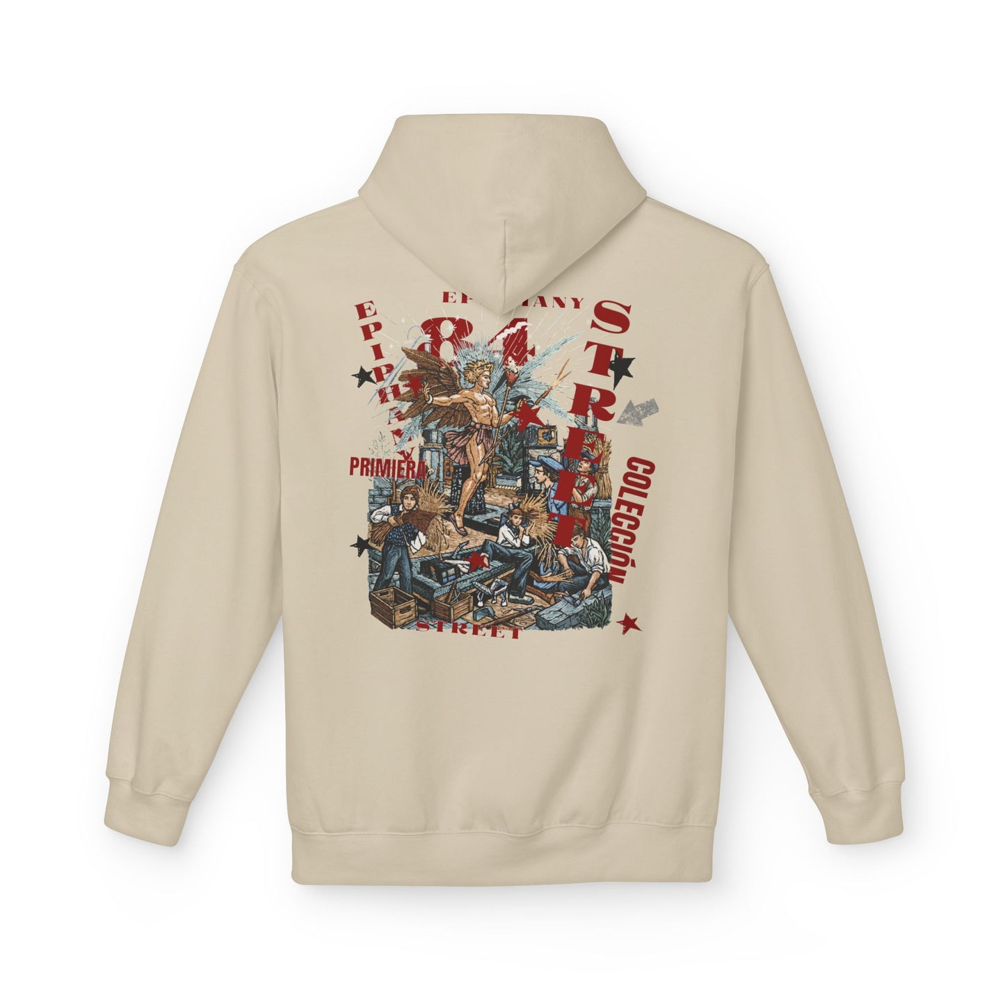 Beige hoodie with a graphic design on the back against a white background