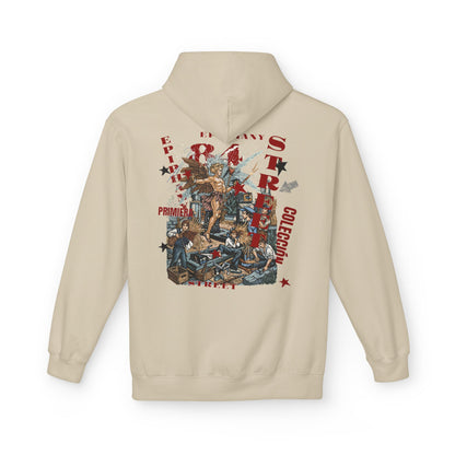 Beige hoodie with a graphic design on the back against a white background