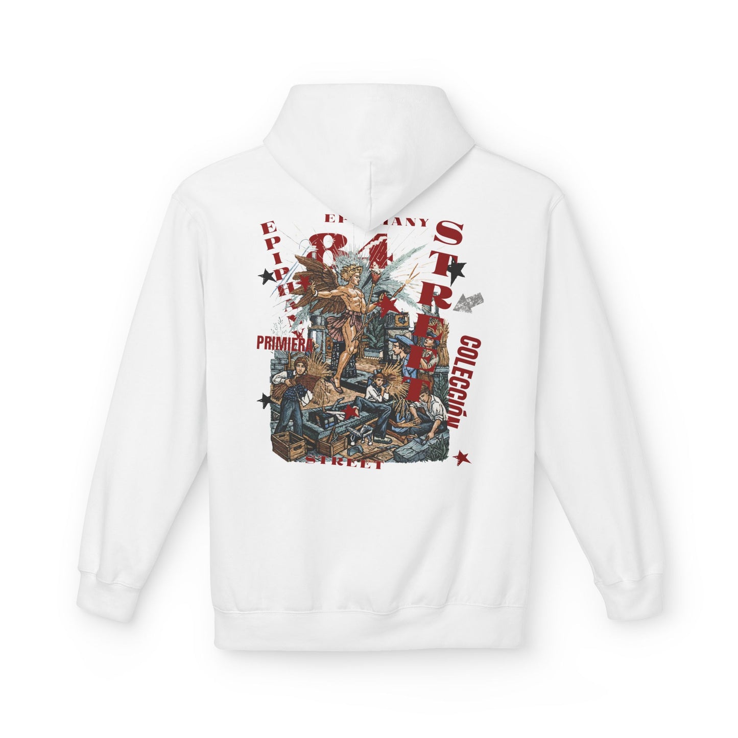 White hoodie with graphic design on the back against a white background