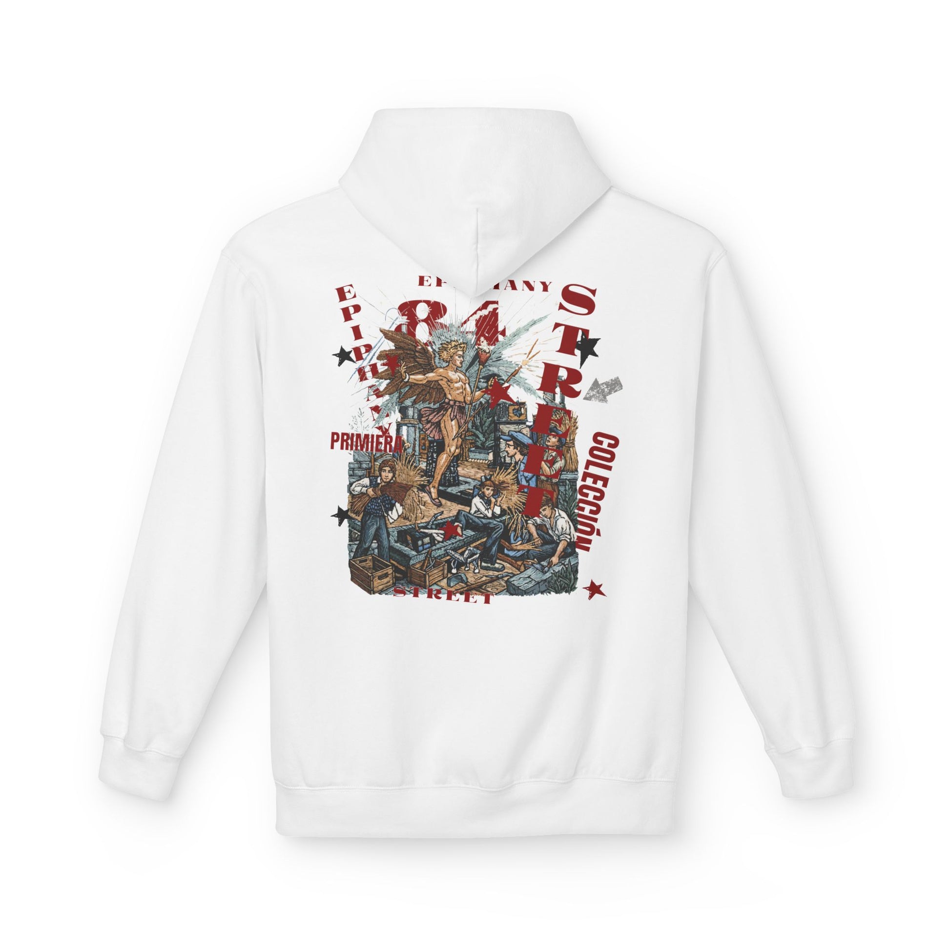 White hoodie with graphic design on the back against a white background