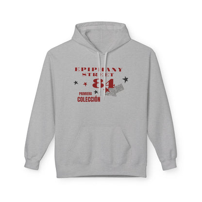 Gray hoodie with red and black text on a white background