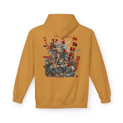 Mustard yellow hoodie with a detailed graphic on the back against a white background