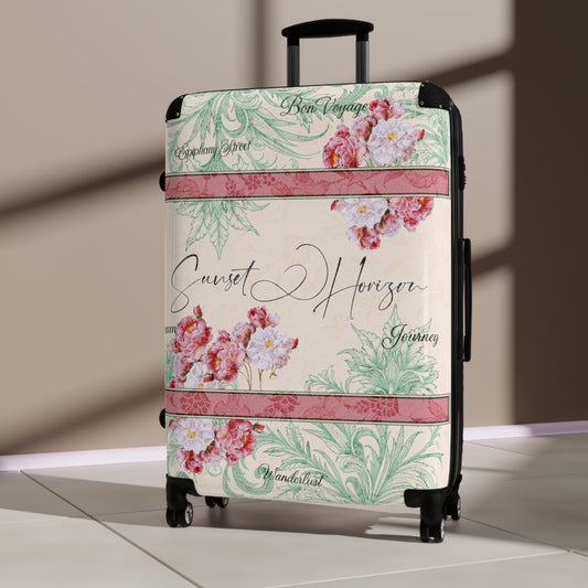 Vintage Floral Suitcase with Sunset Horizon Design - Stylish Travel Luggage for Adventurers