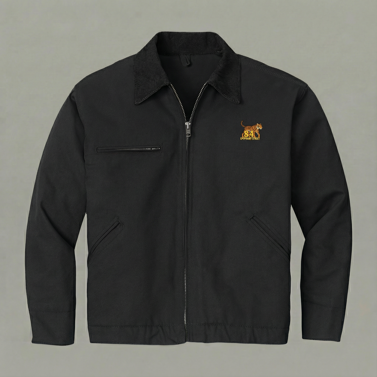 Black jacket with a logo on a gray background