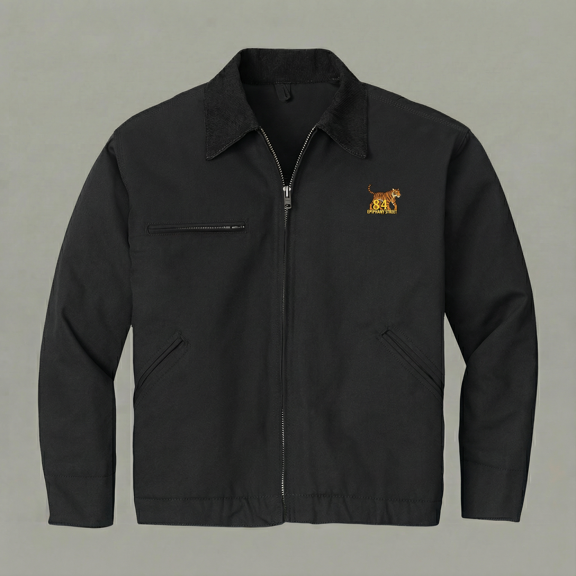 Black jacket with a logo on a gray background