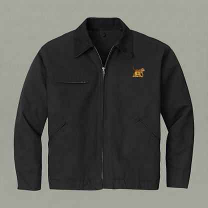 Black jacket with a logo on a gray background