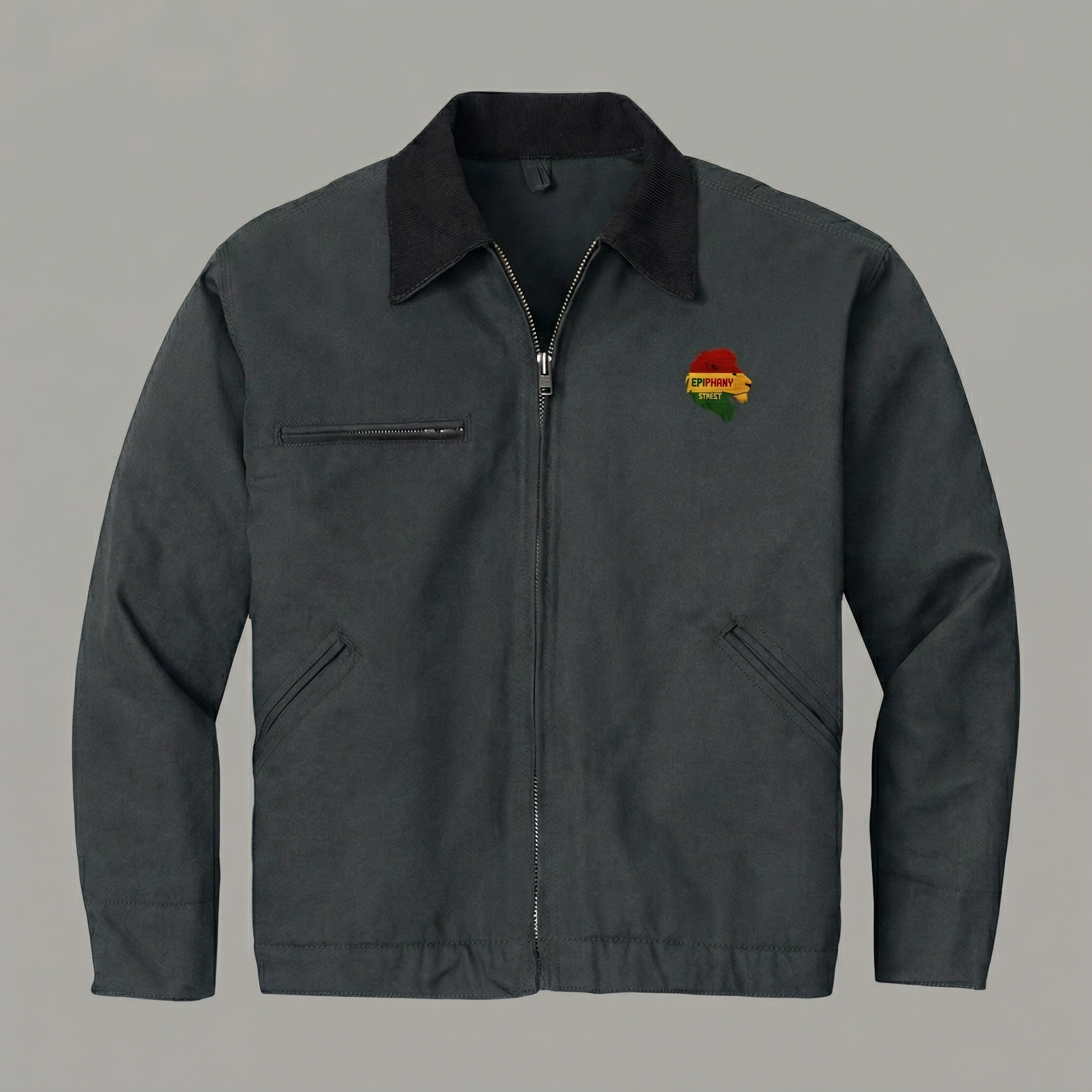 Dark gray jacket with a colorful logo on a gray background