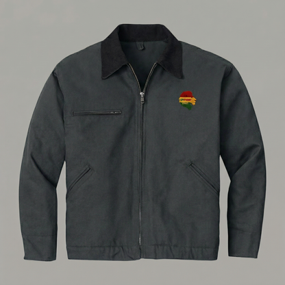 Dark gray jacket with a colorful logo on a gray background