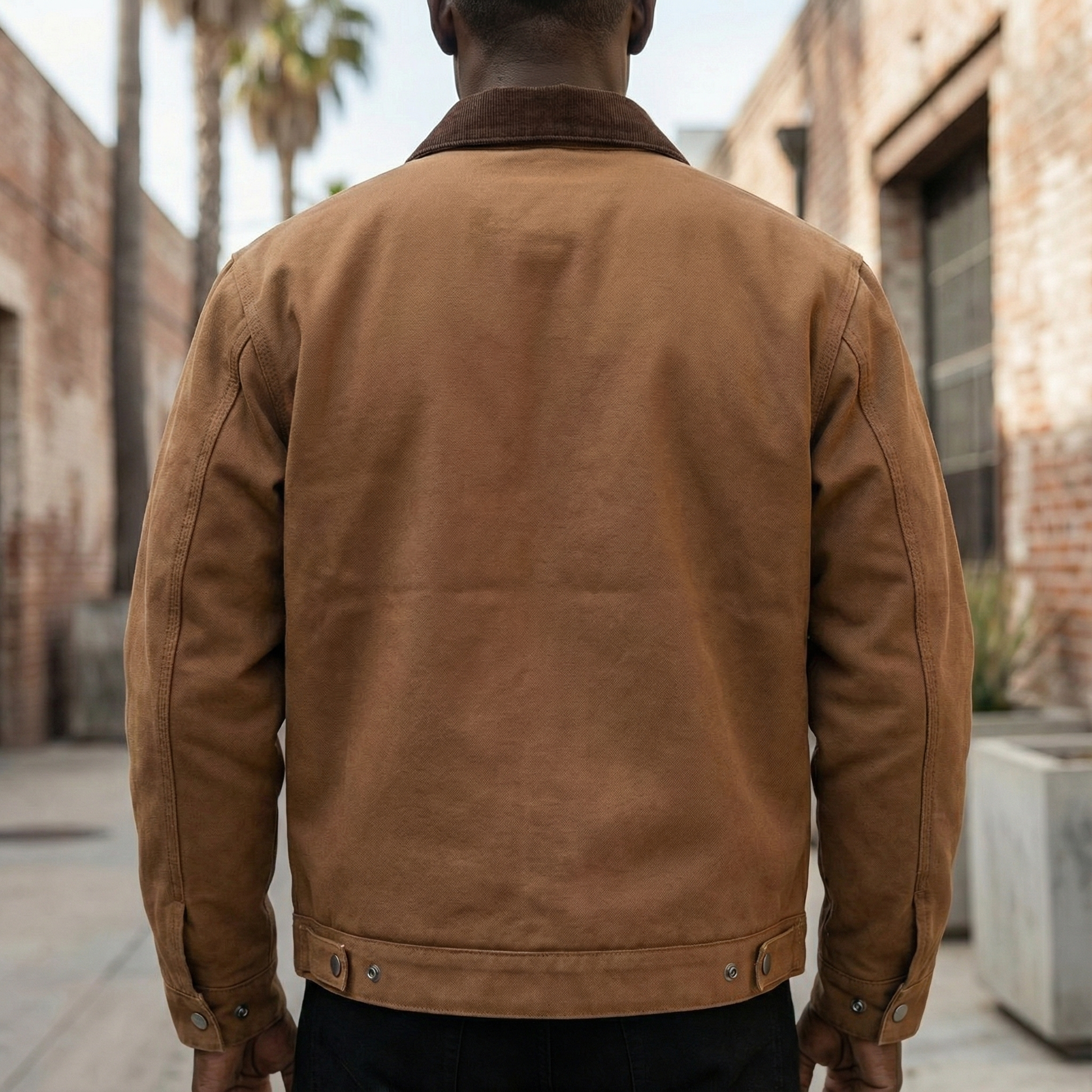 Person wearing a brown leather jacket standing on a street with buildings and palm trees in the background.