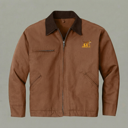 Brown jacket with a logo on a gray background
