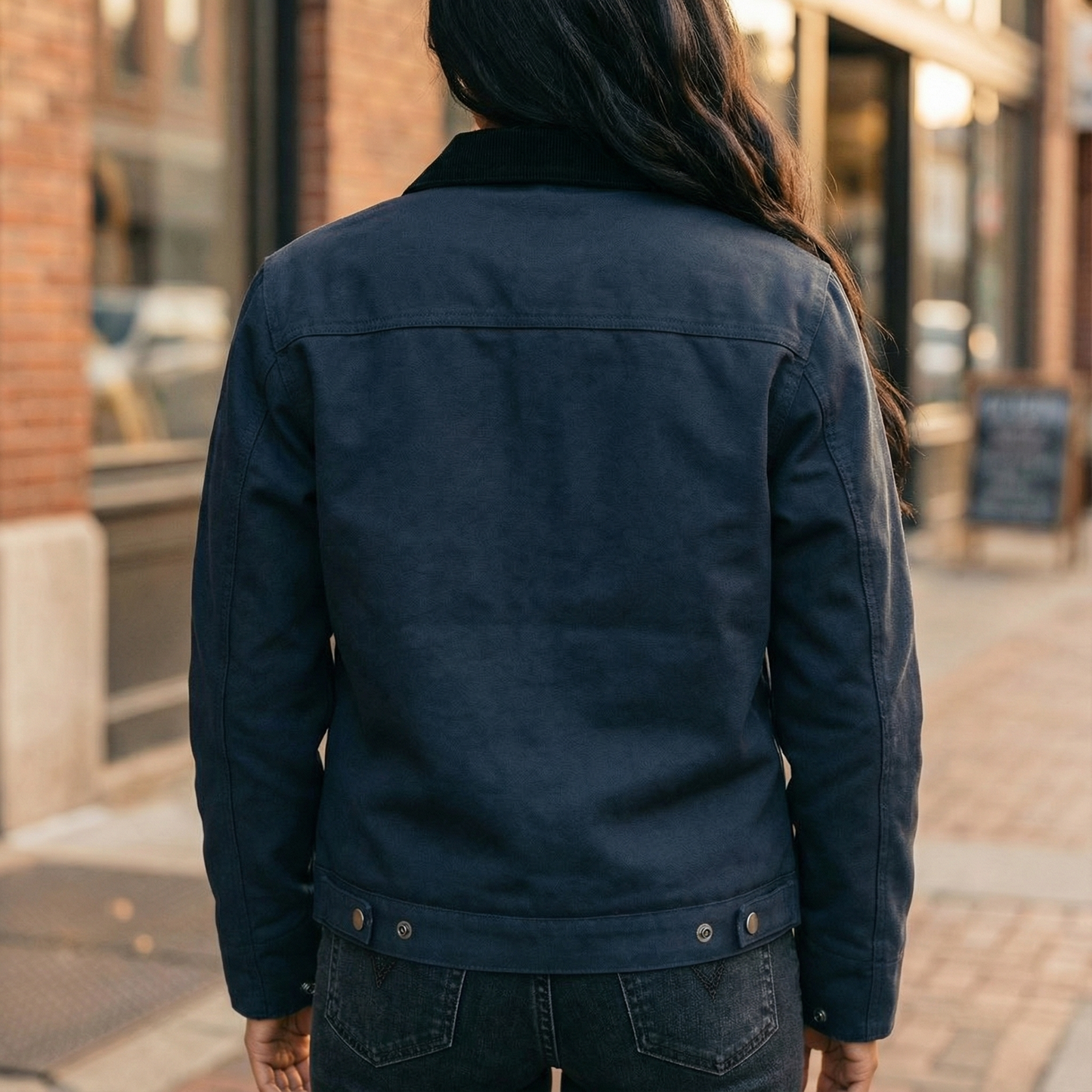 Person wearing a navy blue jacket on a city street