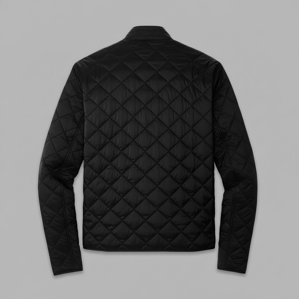 Black quilted jacket on a gray background