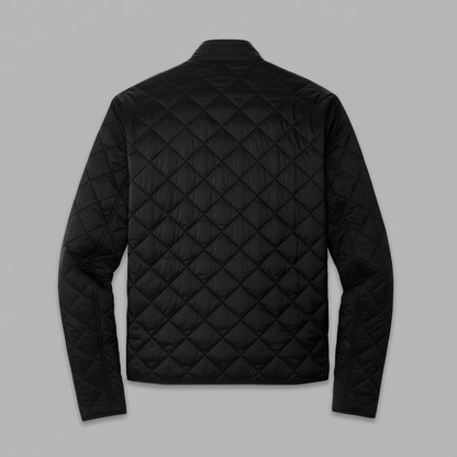 Black quilted jacket on a gray background