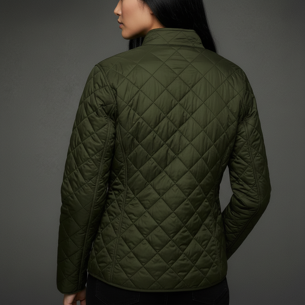 Person wearing a green quilted jacket on a gray background