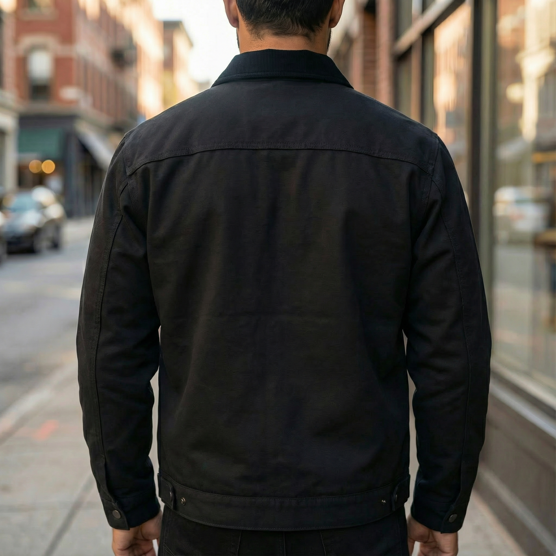 Person wearing a black jacket walking down a city street