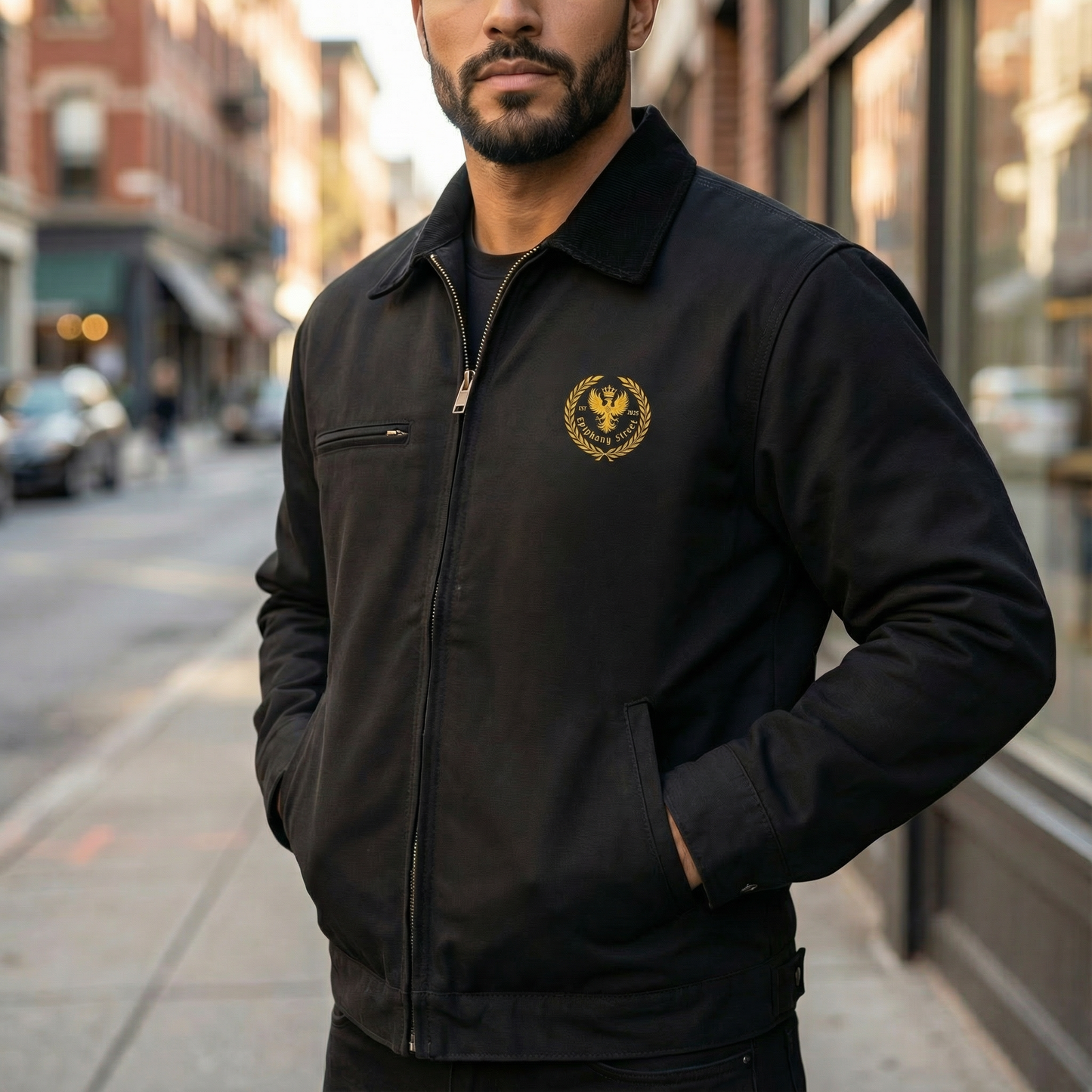 Man wearing a black jacket with a logo on a city street