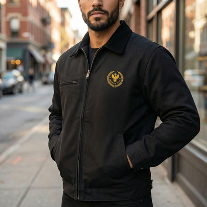 Man wearing a black jacket with a logo on a city street