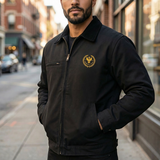 Man wearing a black jacket with a logo on a city street