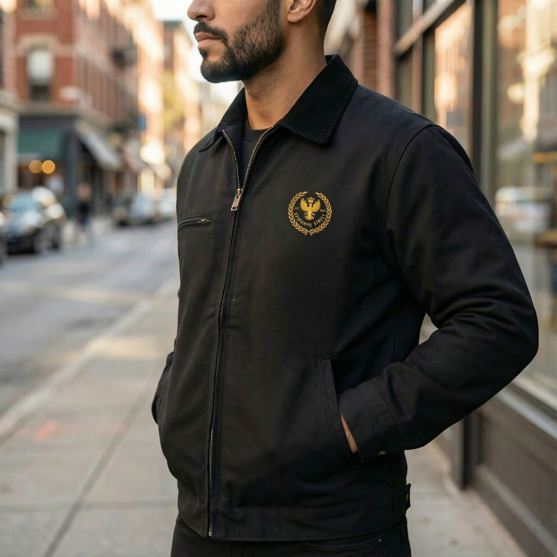Man wearing a black jacket with a logo on a city street